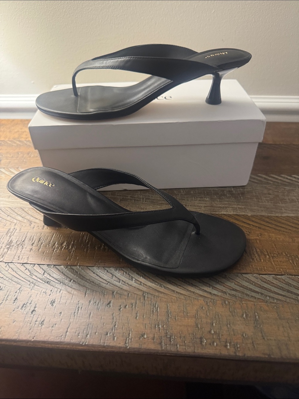 Quince Black Leather Kitten-Heel Thong Sandals